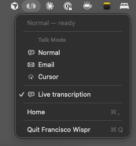 F(wave) menu bar dropdown